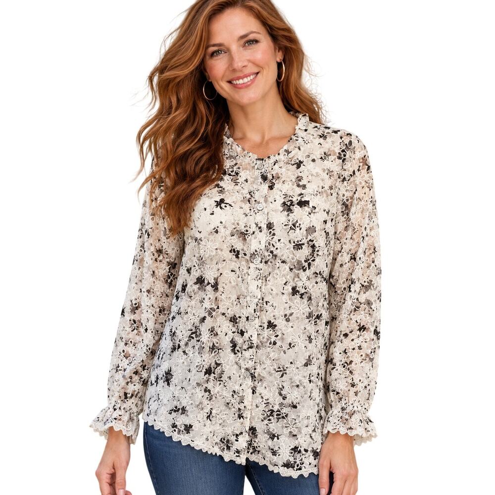 LOGO Embroidered Button Eyelet Top Womens Size 1X Black White Floral Ruffled